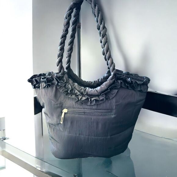 Pashmina Black Fabric Lightweight Handbag with 3D Satin Color Flowers  ***Item: - Picture 2 of 11